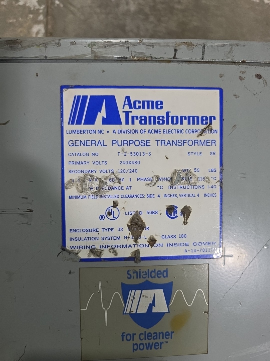 ACME TRANSFORMER T-2-53013-4S STYLE SR 3KVA 60HZ 1 PHASE