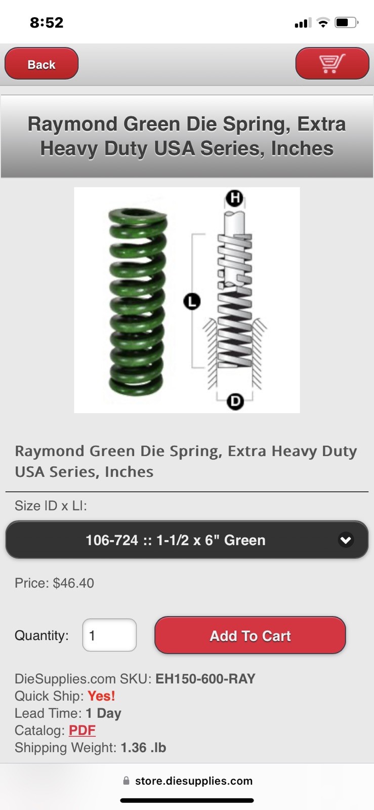1-1/2 X 6 Inch Die Spring 106724 Extra Heavy Duty Green Raymond Coil