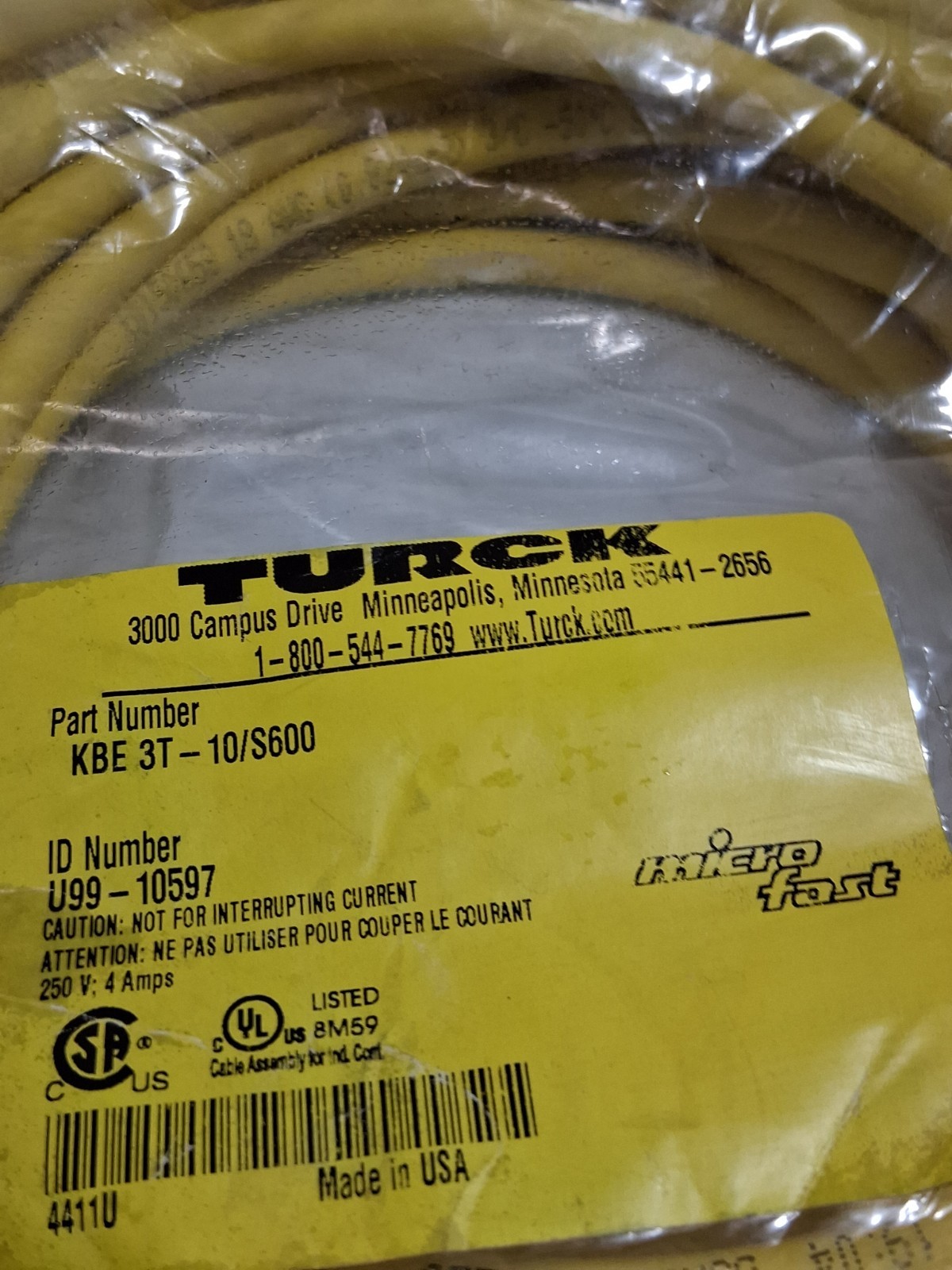 TURCK KBE 3T-10/S600 CORDSET 250V 4A MICRO FAST (U99-10597) NIB