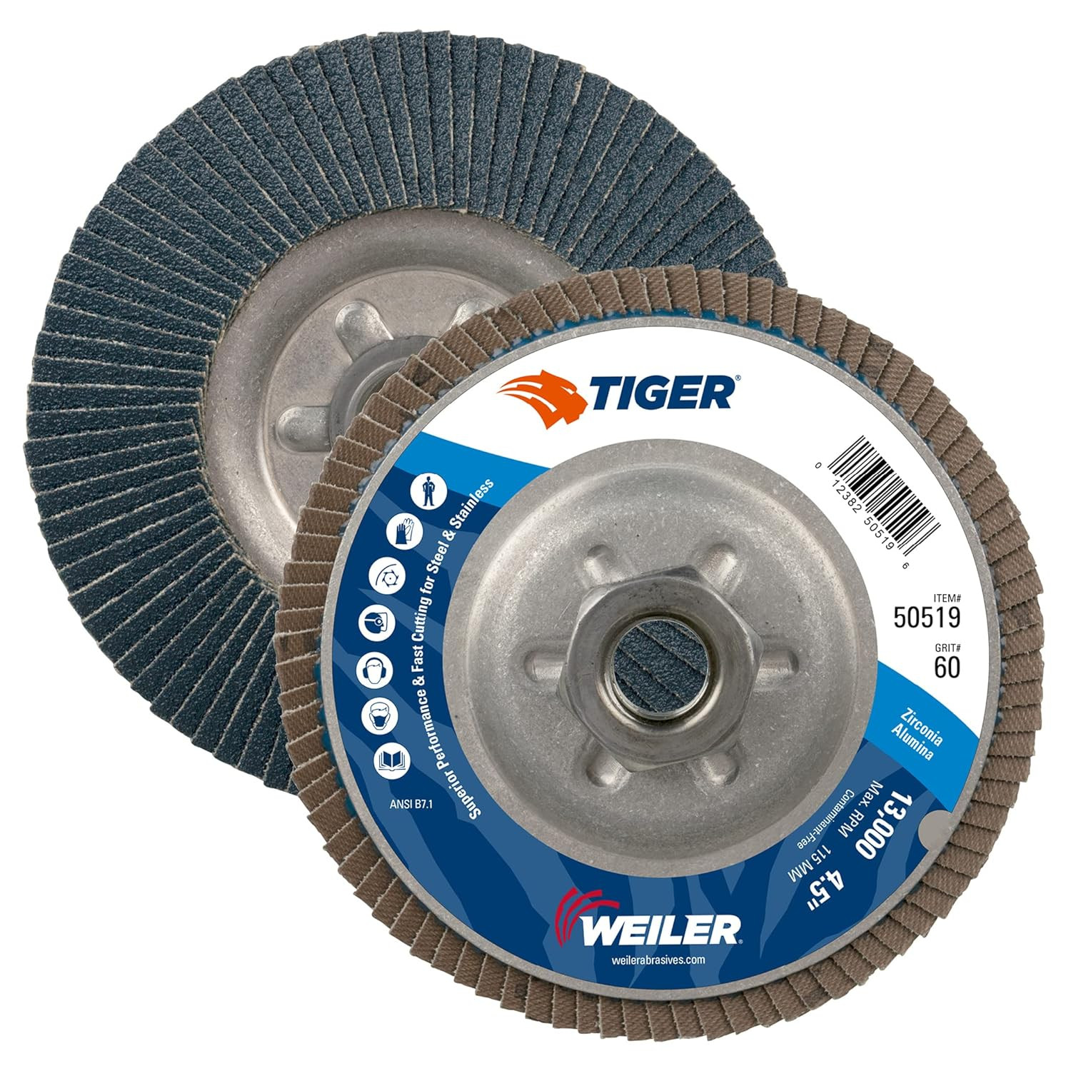 Weiler 50519 Tiger Type 29 Flap Disc Zirconia 60 Grit 4-1/2″ 5/8-11 UNC