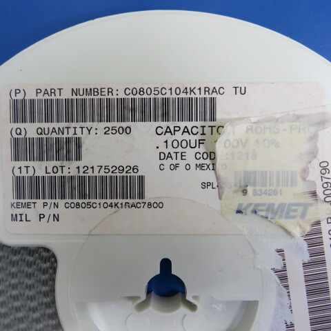KEMET C0805C104K1RAC Qty of 2000 per Lot CAPACITOR SMT CERAMIC 0.1 uF 100.0