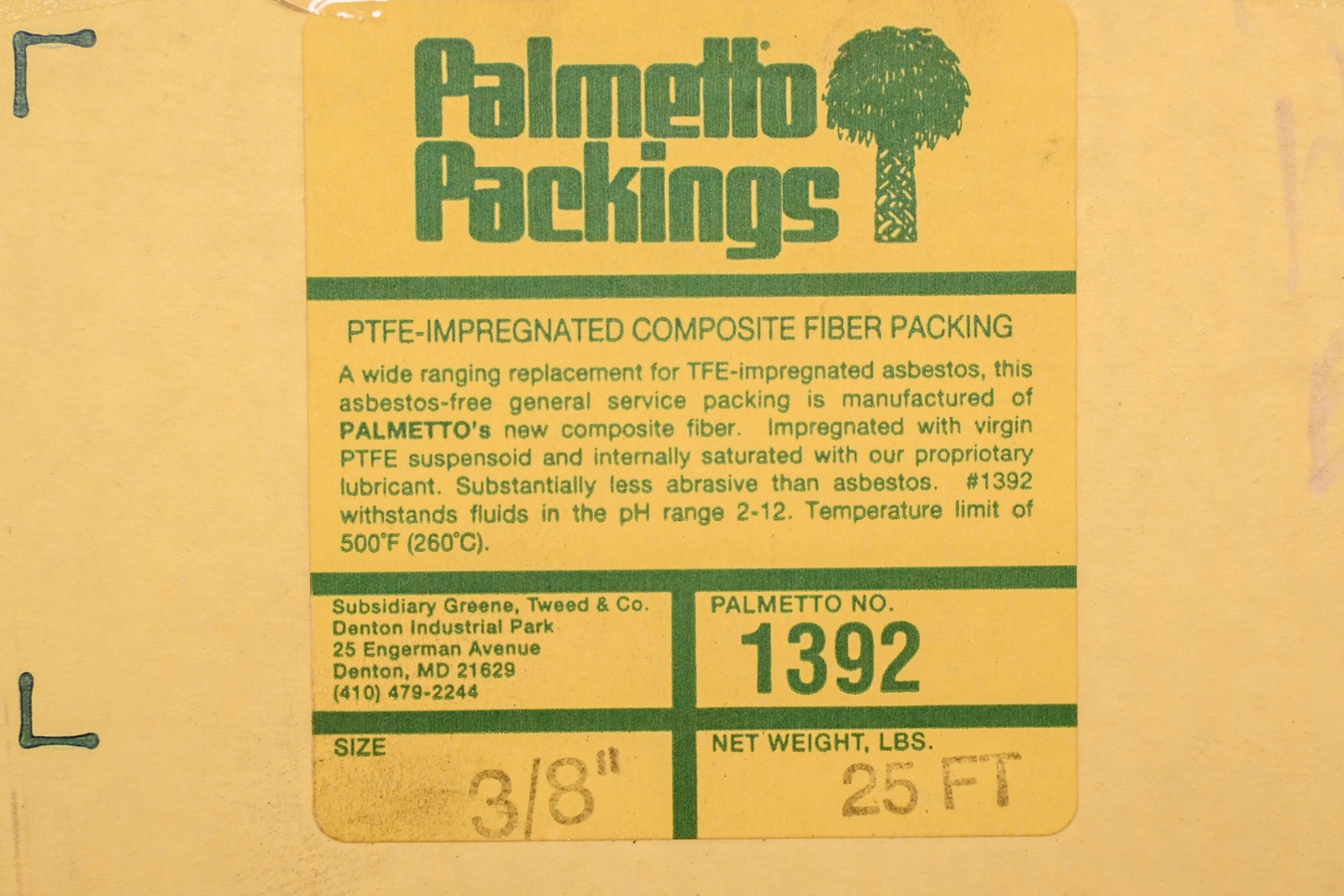 Palmetto Packings 1392 3/8″ 25FT PTFE Composite Fiber Packing NOS