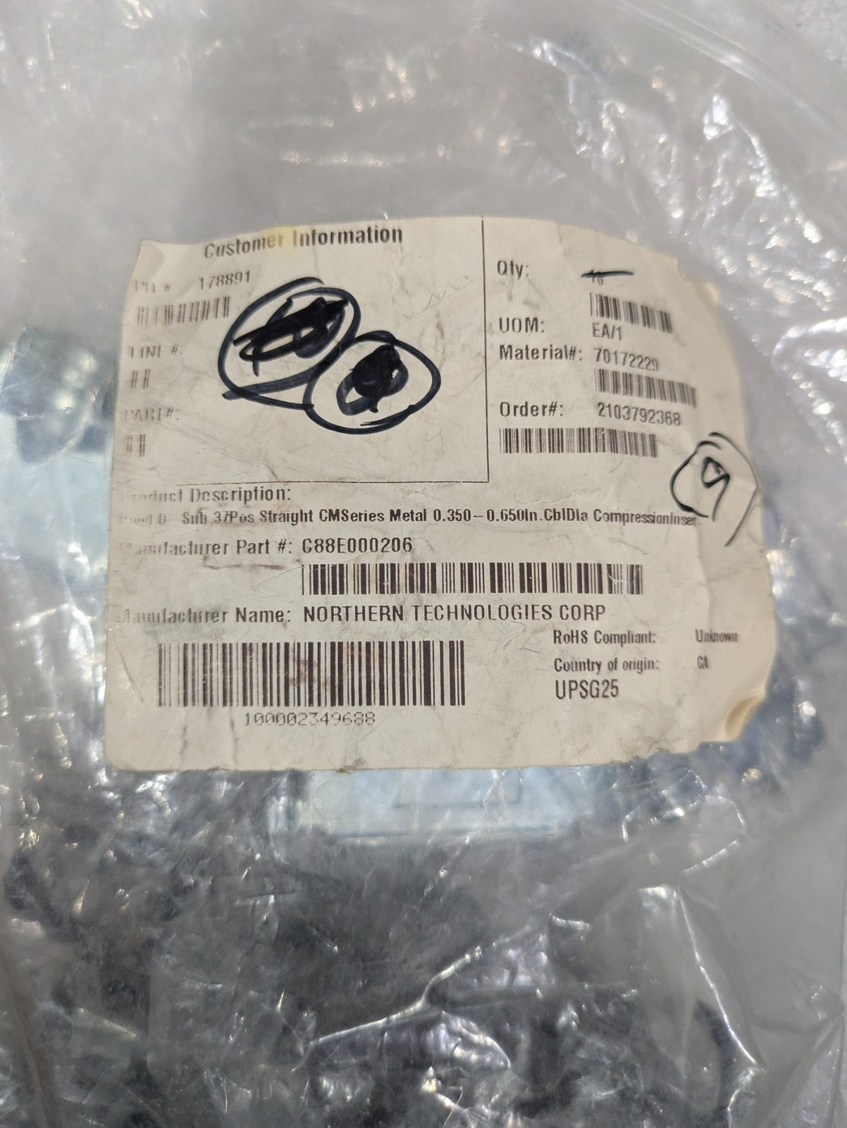 Northern Technologies C88E000206 D-Sub 37-Position Metal Backshell 1/ORDER
