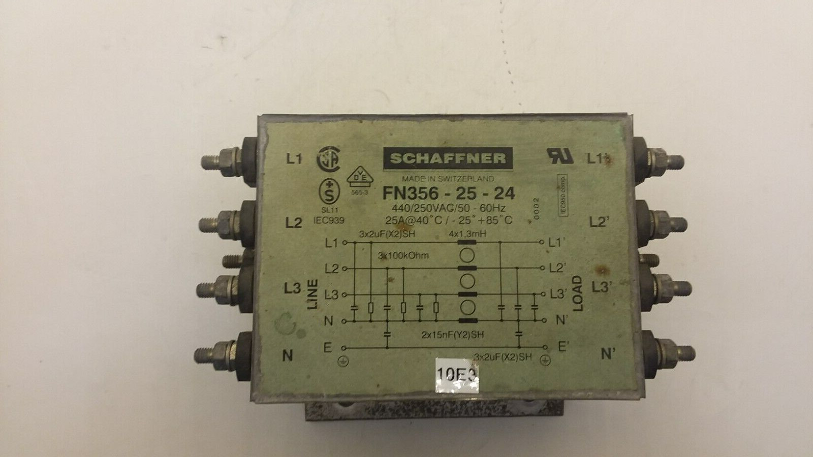 SCHAFFNER FN356-25-24 FILTER 3 PHASE + NEUTRAL LINE 1 STAGE 25 AMP 250 V