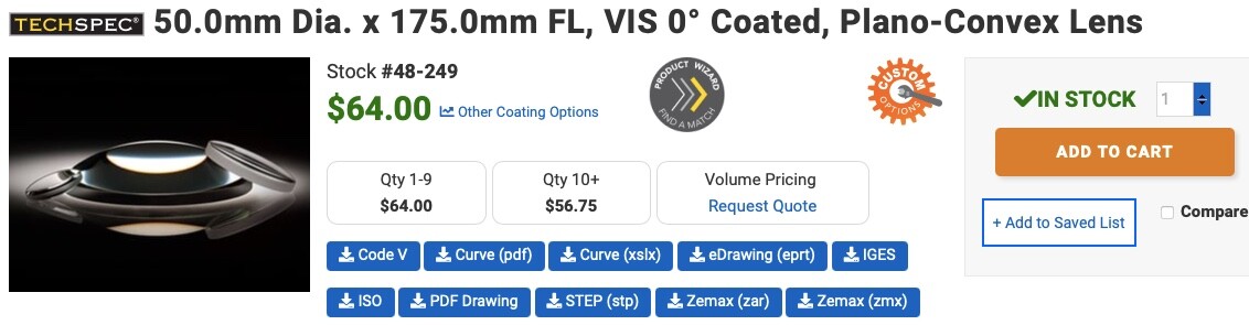 Edmund Optics 48-249 – 50mm Dia x 175mm FL, VIS 0° Coated, Plano-Conv