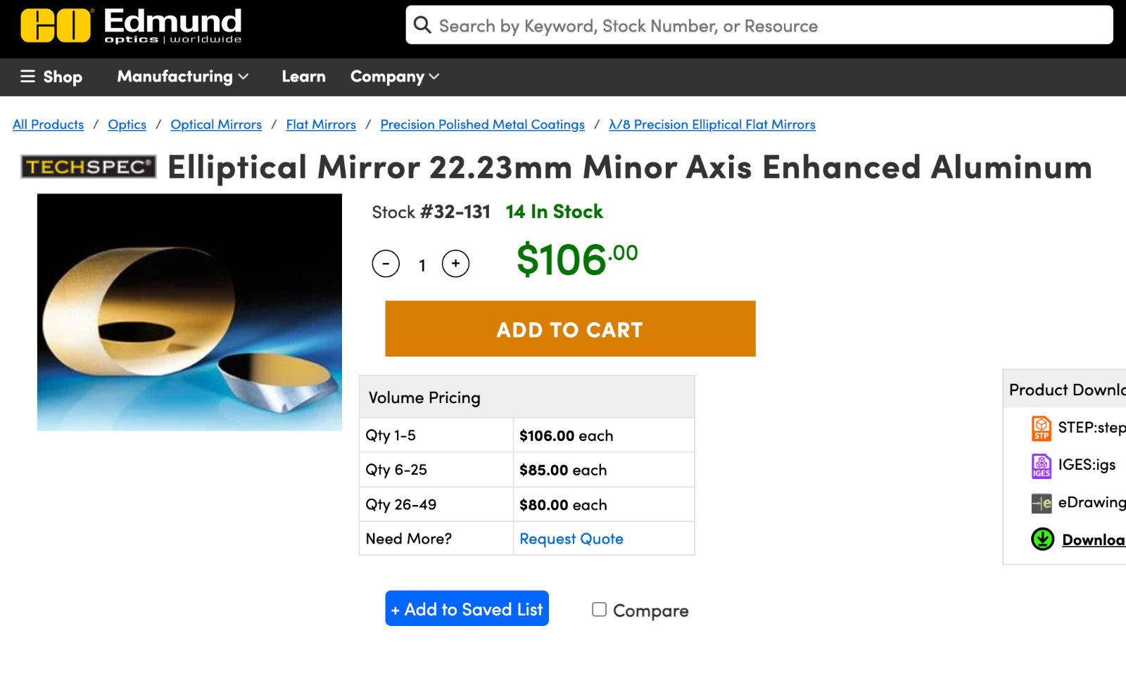 Edmund Optics 32131 Elliptical Mirror 22.23mm Enhanced Aluminum BOROFLOAT