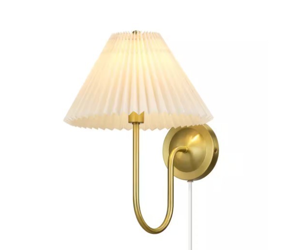 G E Delphine 11 in. 1-Light Matte Brass Plug-In or Hardwire Wall Sconce w/ Shade