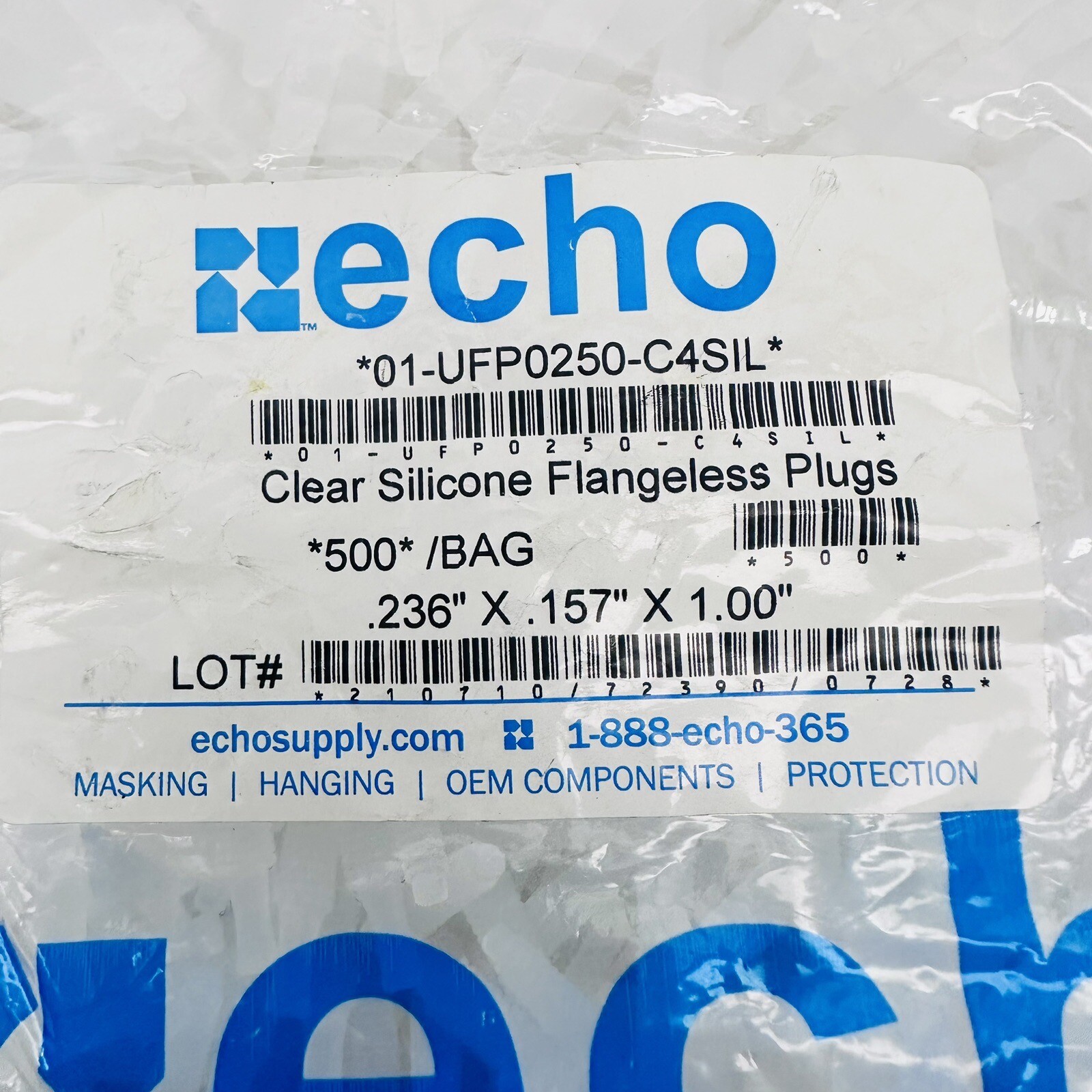 (BAG OF 500) ECHO 01-UFP0250-C4SIL CLEAR SILICONE FLANGELESS PLUGS