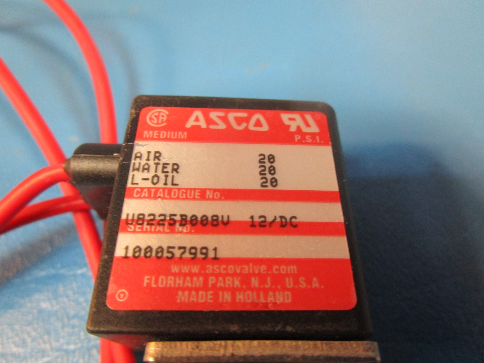 ASCO U8225B008V 12VDC SOLENOID VALVE. 20PSI AIR/ 20PSI WATER / 20 L-OIL