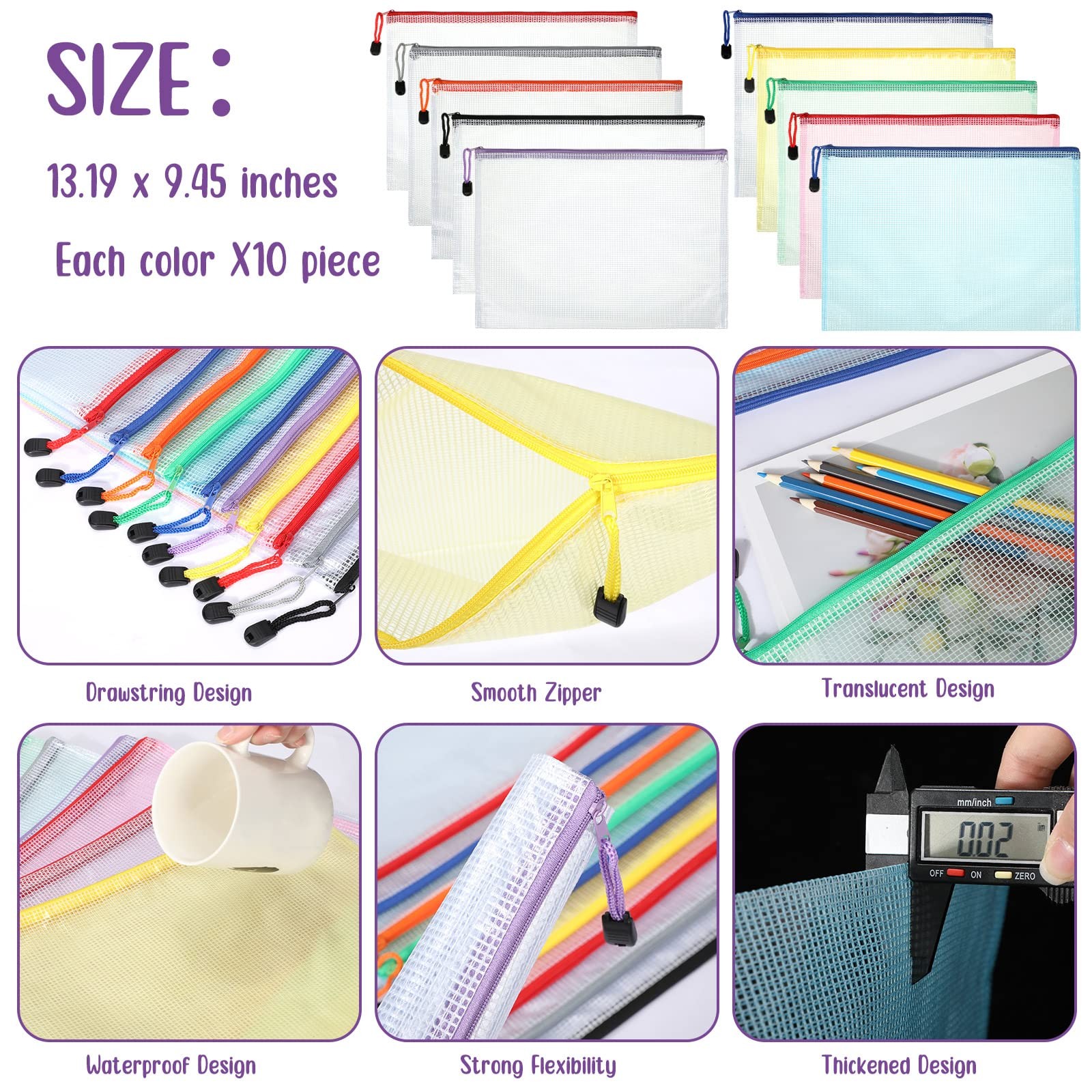Zhehao 100 Pcs A4 Mesh Zipper Pouch Bag A4,13.19 x 9.45 Inch, Vivid Color