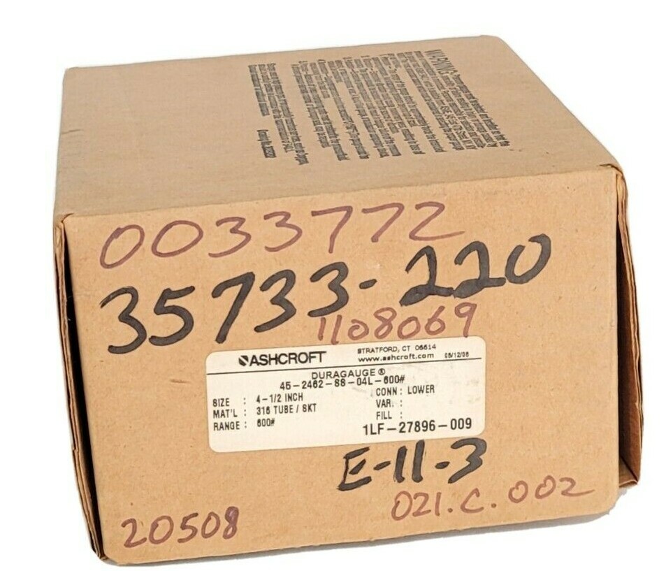 NIB ASHCROFT 45-2462-SS-04L-600# DURAGAUGE SIZE: 4-1/2” 452462SS04L RANGE: 600#