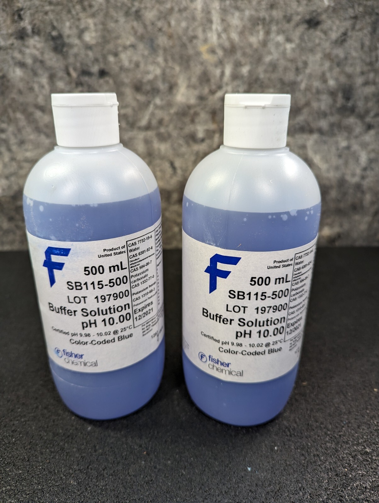 2 x Fisher Chemical SB115-500 Blue pH 10.00 Buffer Solution 500mL Exp 12-2021