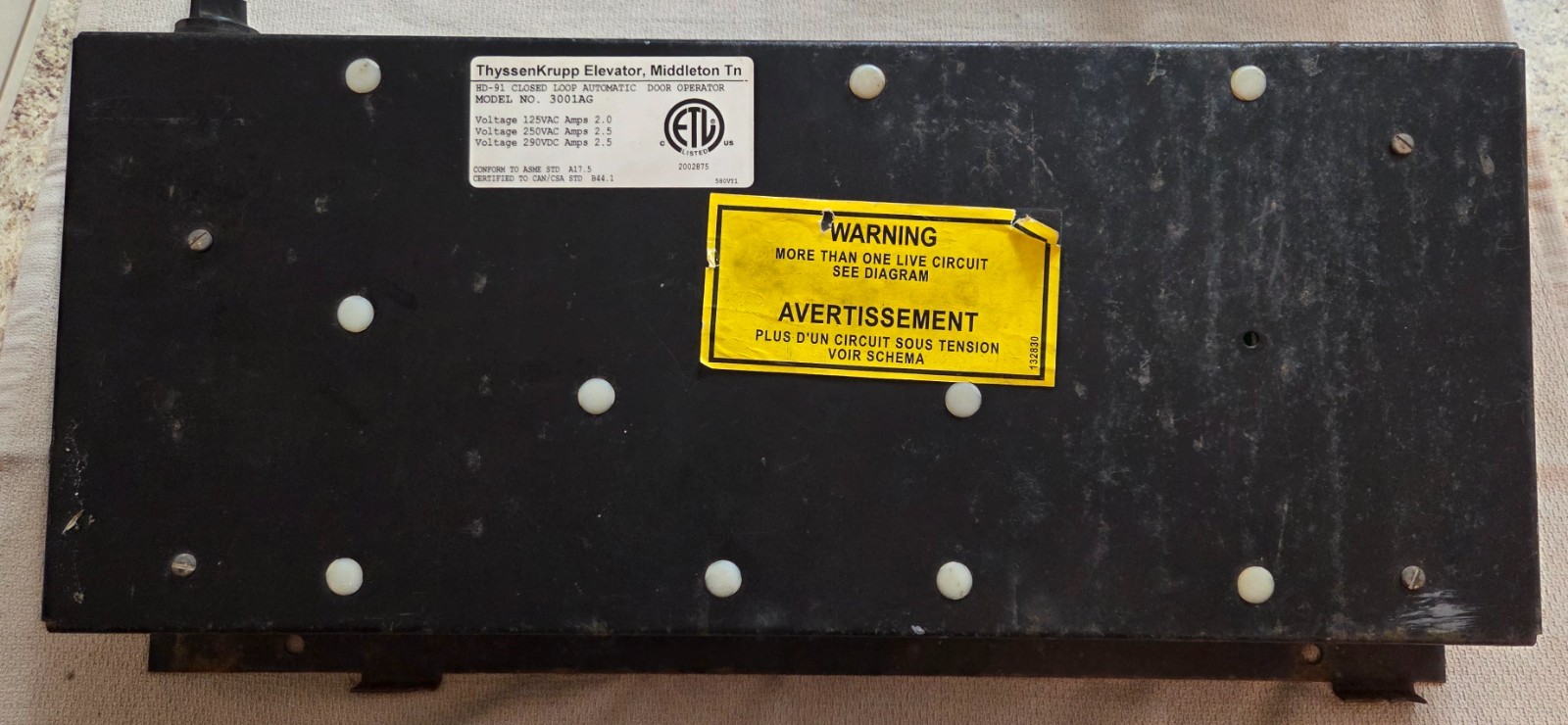 ThyssenKrupp Elevator HD-91 Door Operator 3001AG Closed Loop Automatic 125/250VA