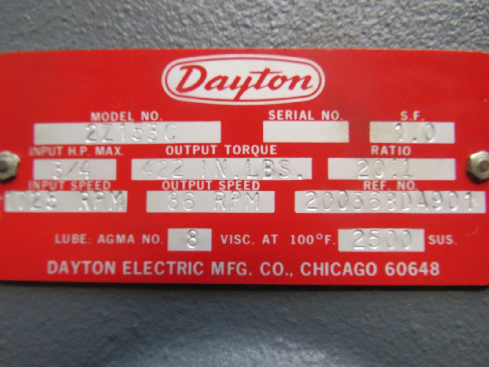 Dayton 2Z153C Ratio 20:1 3/4HP