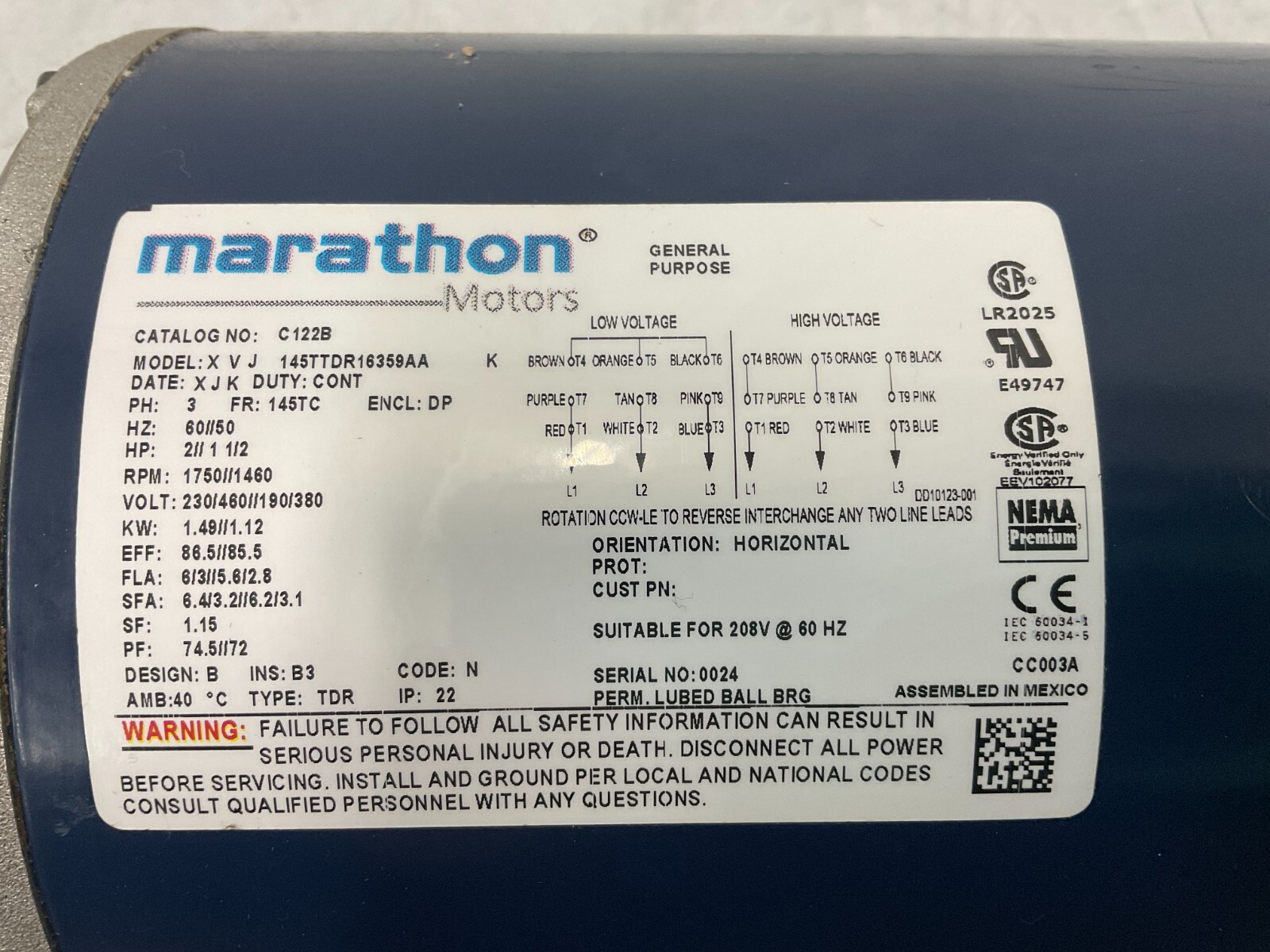 MARATHON – 145TTDR16359 General Purpose Motor 2 HP, 1,750rpm