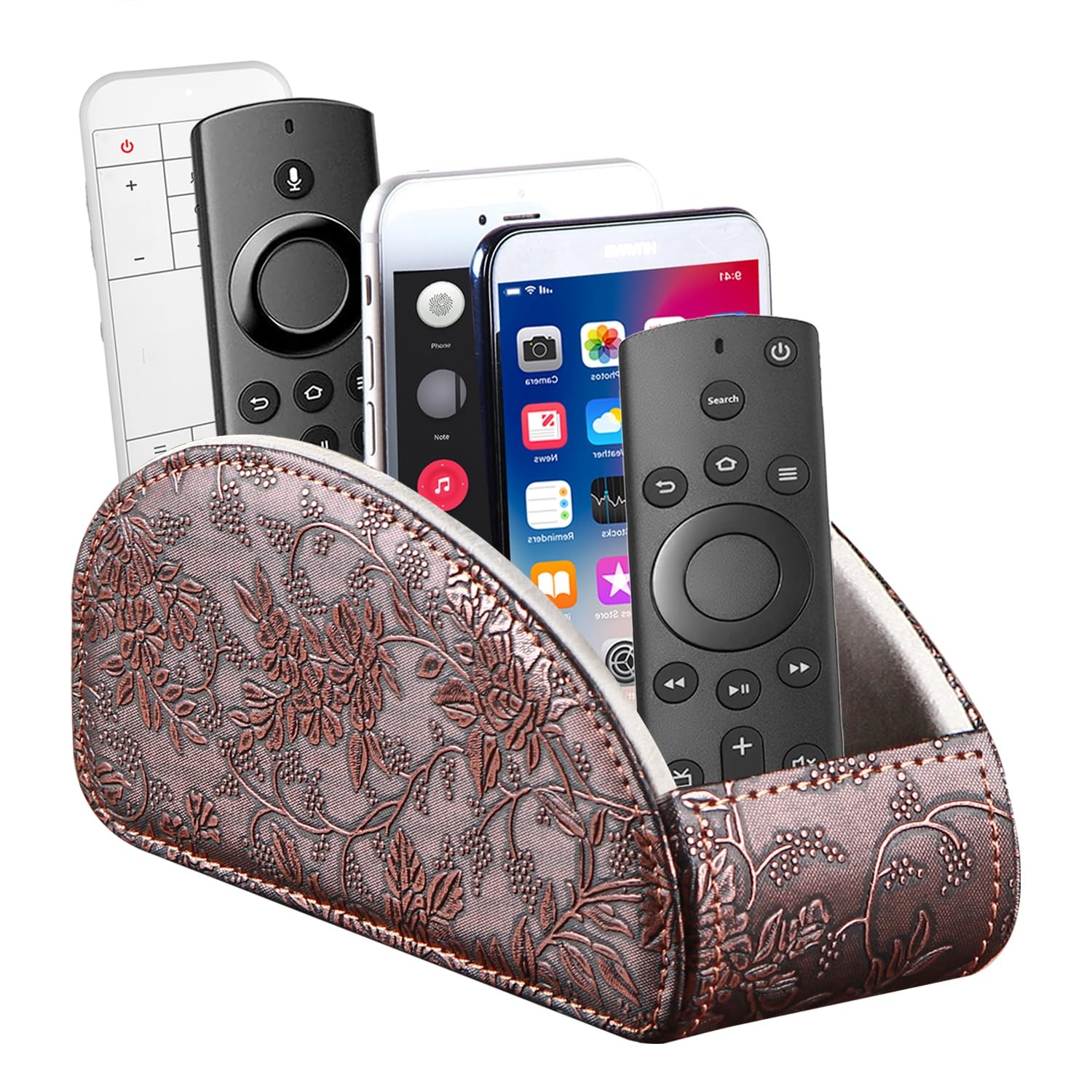 TV Remote Control Holder with 5 Compartments,Pu Leather Large, Antique Flower