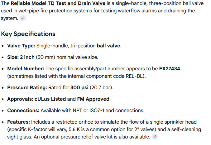 1 NEW RELIABLE EX27434 MODEL-TD 2” TEST AND DRAIN VALVE NNB ***MAKE OFFER***