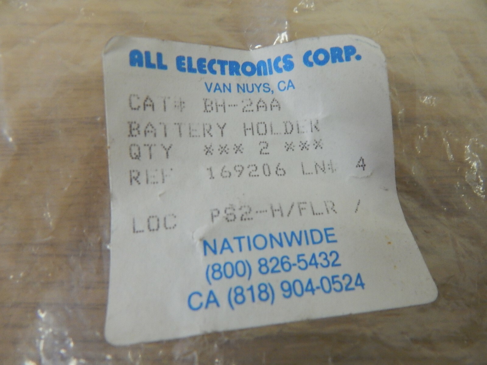 NEW All Electronics Corp BH-2A169206 PS2-H/FLR Battery Holder Lot of 2