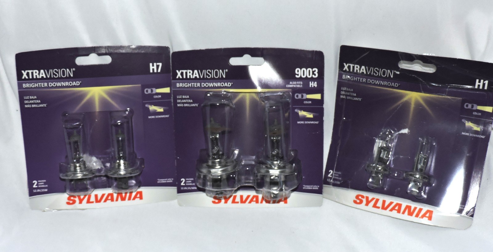 3 packs Auto Headlights Bulbs New Sylvania Xtra Vision 9003, H7, and H1 Lot