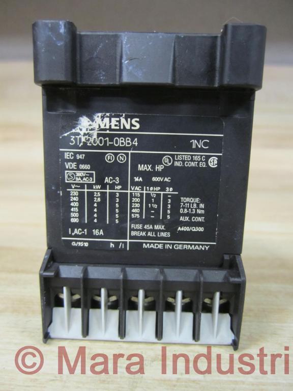 Siemens 3TF2001-0BB4 3 Pole Contactor 3TF20010BB4 W/Out Front Cover