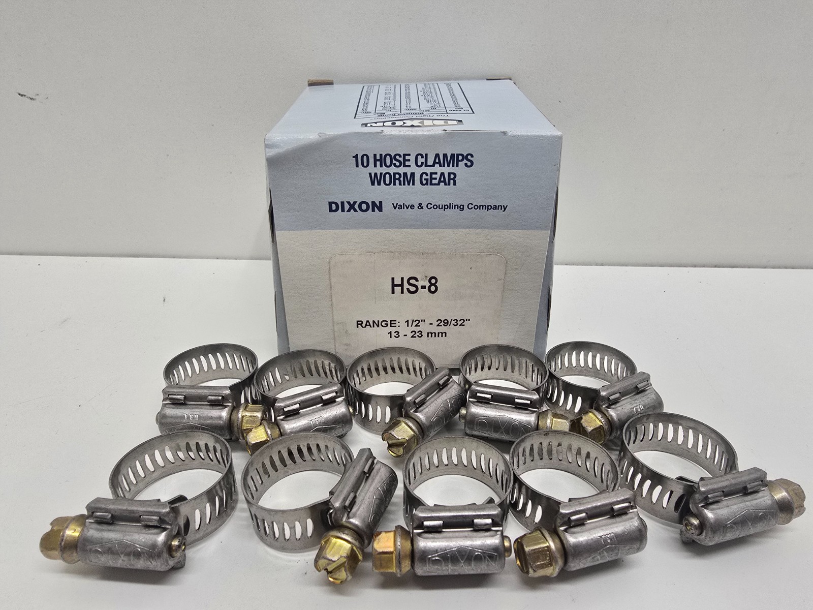 BOX OF (10) NEW! DIXON 1/2″-29/32″ 13-23MM WORM GEAR HOSE CLAMPS HS-8