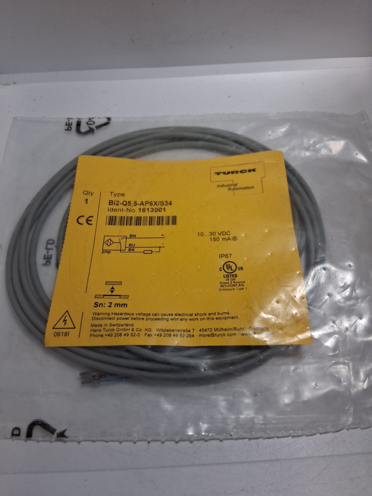 TURCK BI2-Q5,5-AP6X/S34 SENSOR 10-30VDC 150MA SN:2MM (1613001) NIB