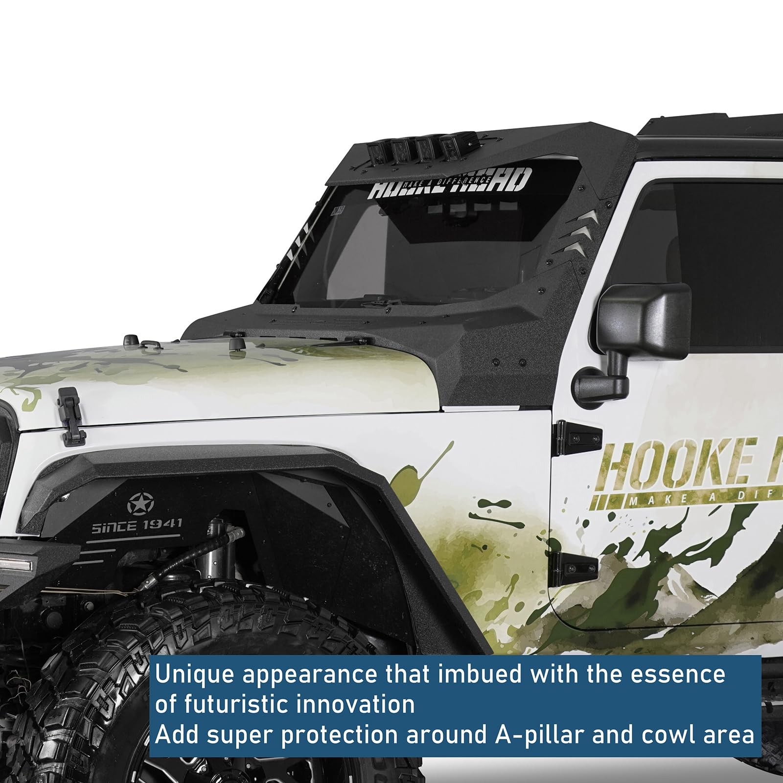 JK Wrangler 2007-2018 Windshield Frame Cover Sun Visor Cowl Armor 4X LED Lights