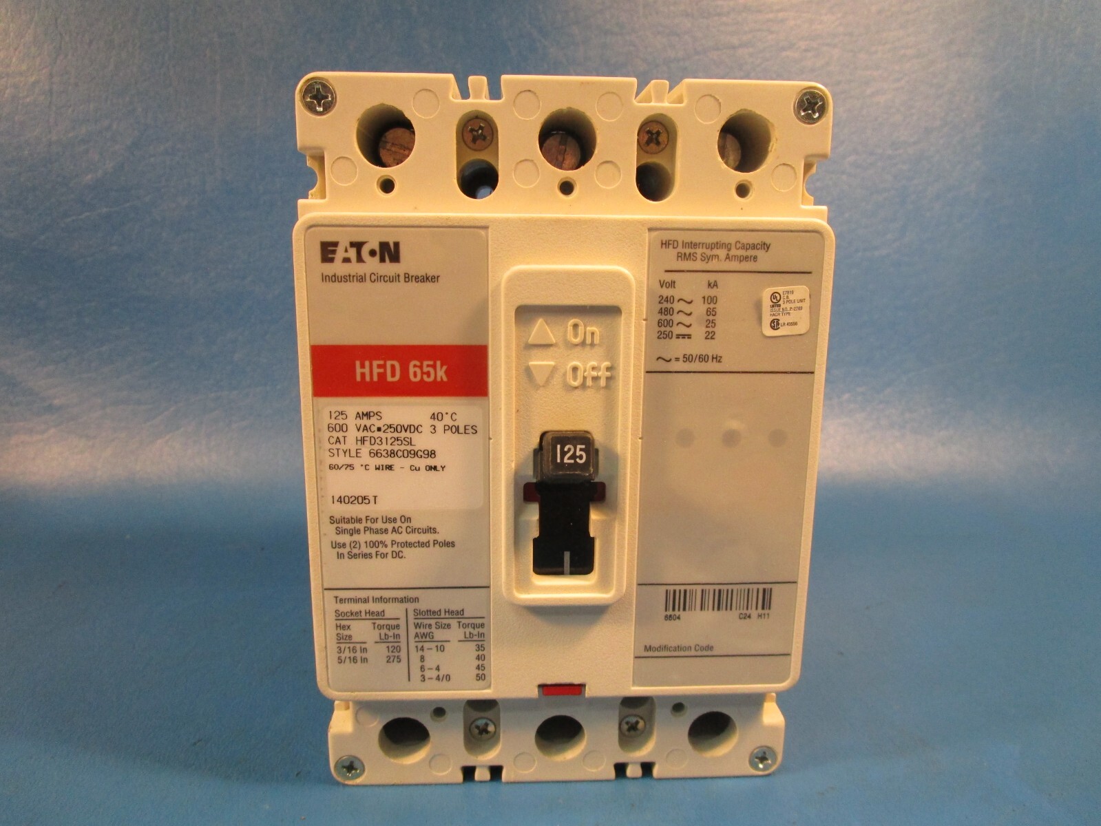 Eaton HFD3125SL, Molded Case Breakers (MCCBs) HFD 3P 125A 600V 50/60Hz 3Ph F Fra