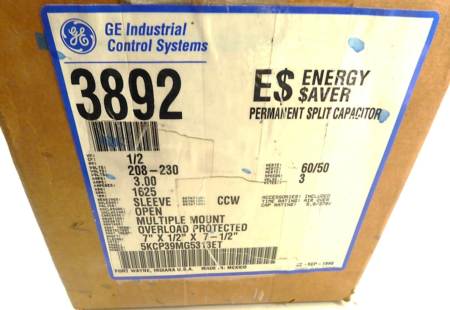 GE 5KCP39MG5313ET 1/2HP 208-230V 3A 1625RPM CCW #3892 NEW IN BOX