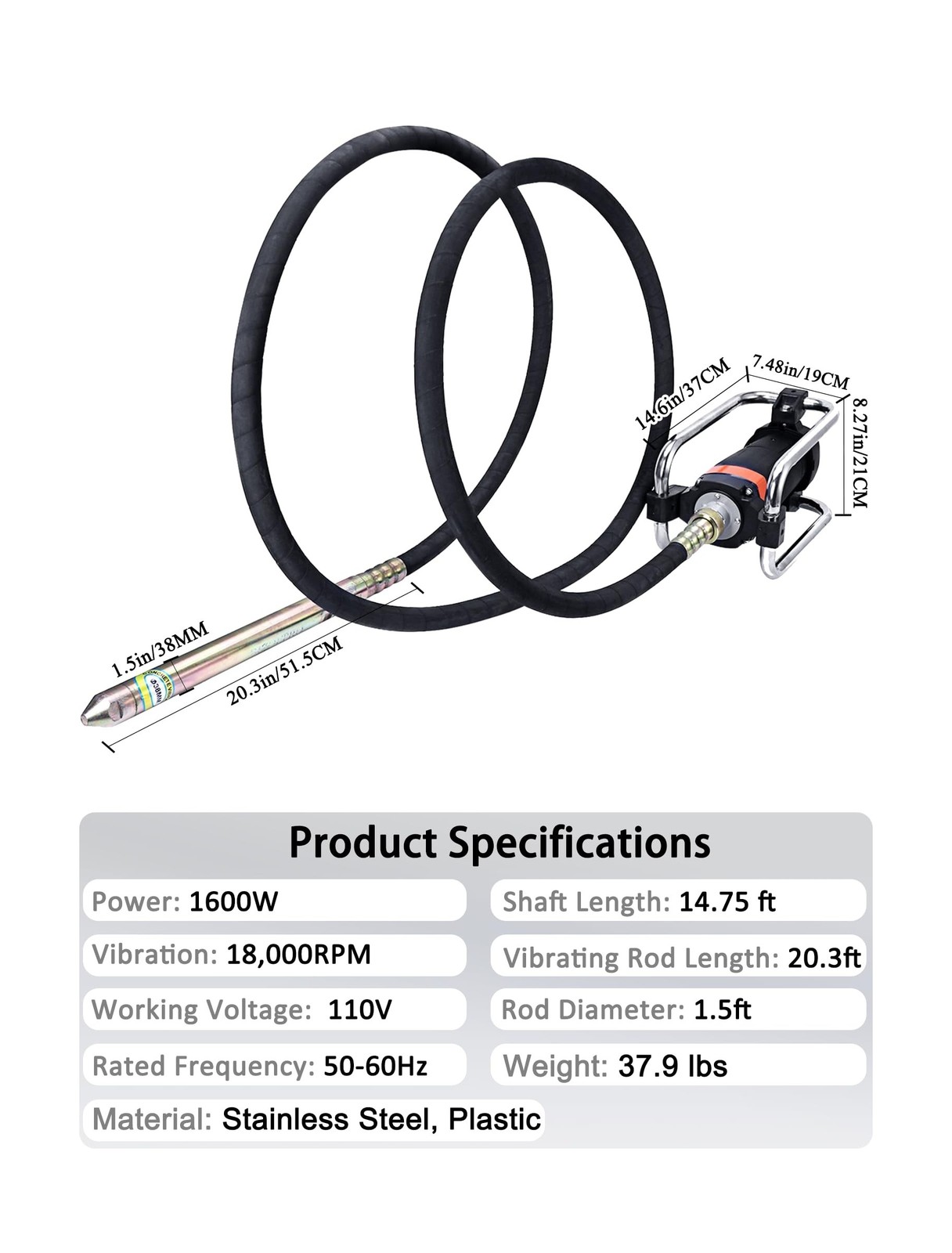 Concrete Vibrator, 1600W 2HP 18000RPM, 14-3/4ft Flexible Shaft, Electric Conc…