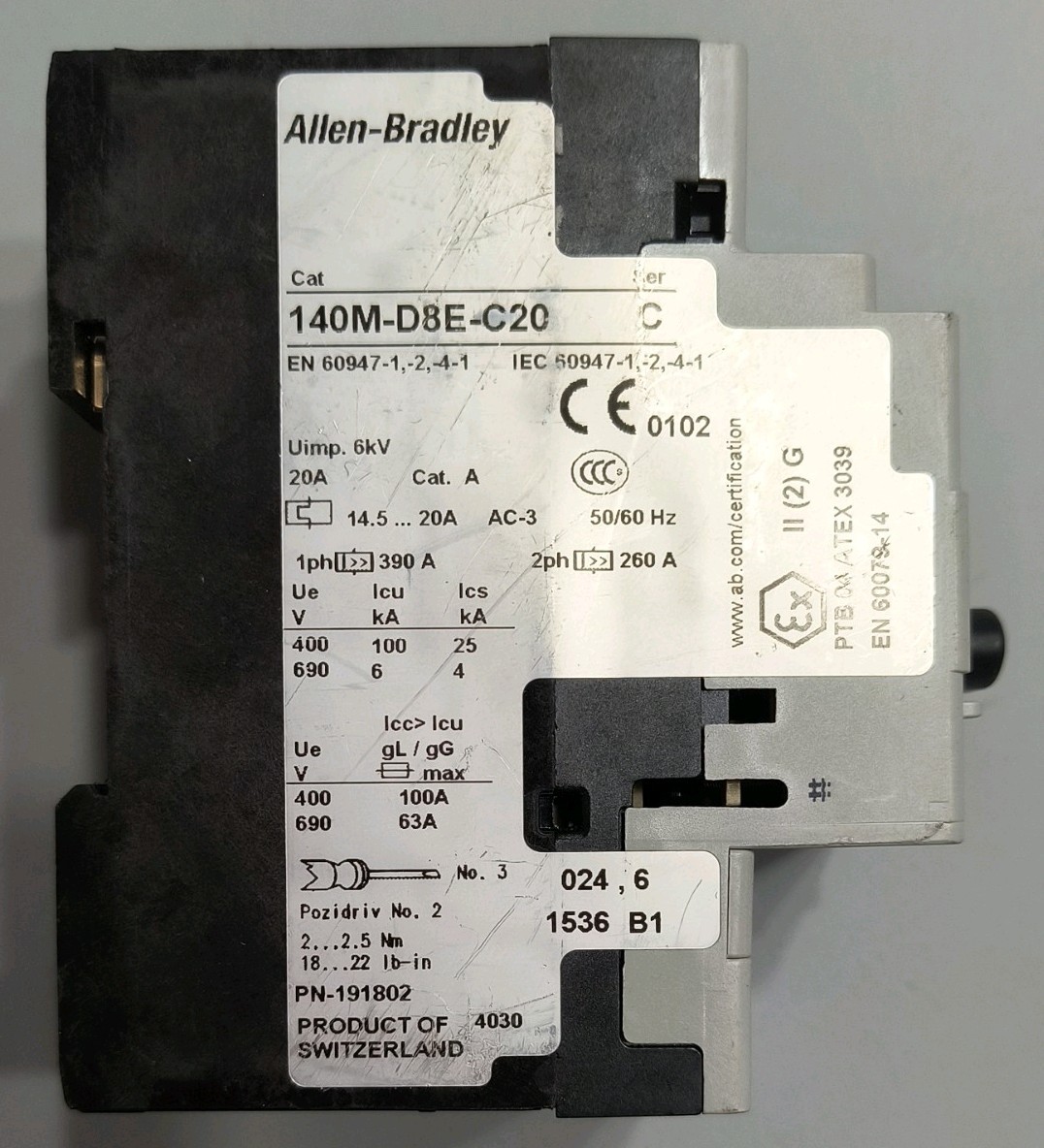 Allen-Bradley 140M-D8E-C20 Ser C, 14.5-20A, Motor Protector/Circuit Breaker