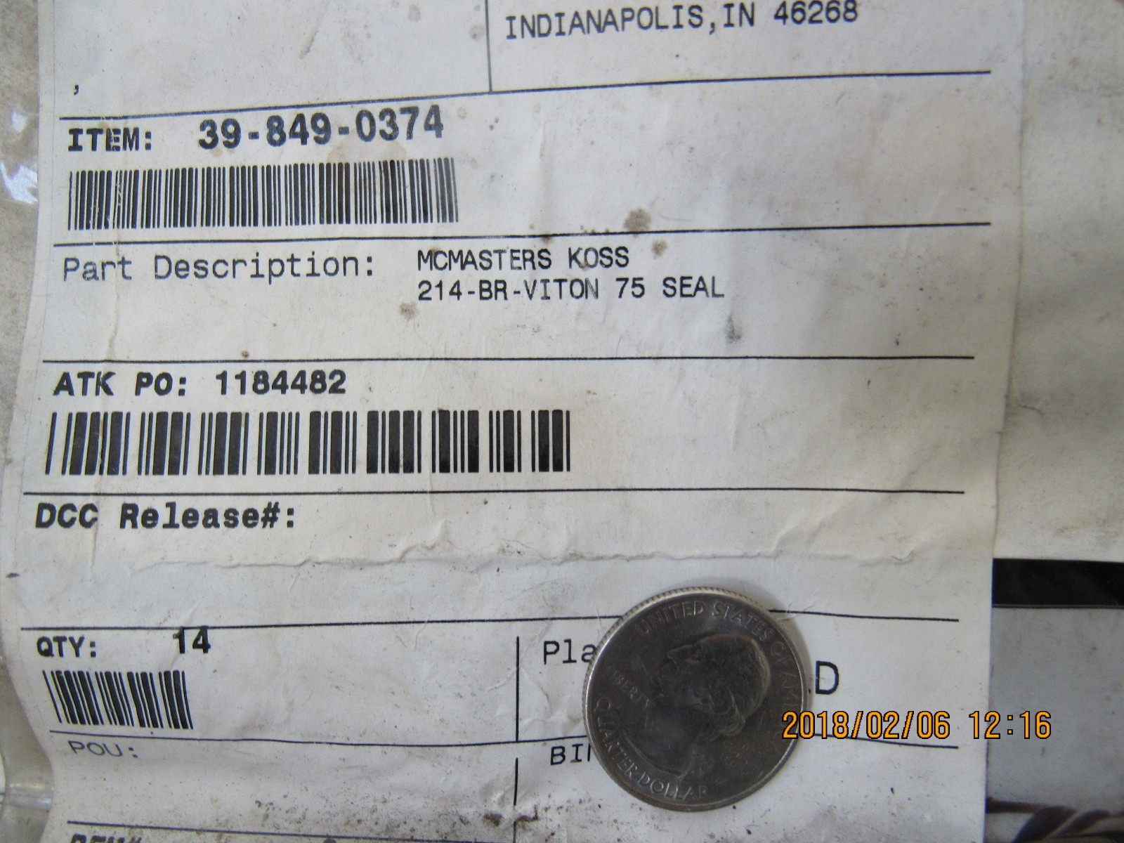 MCMASTERS KOSS 214 BR-Viton 75 SEAL QTY-14