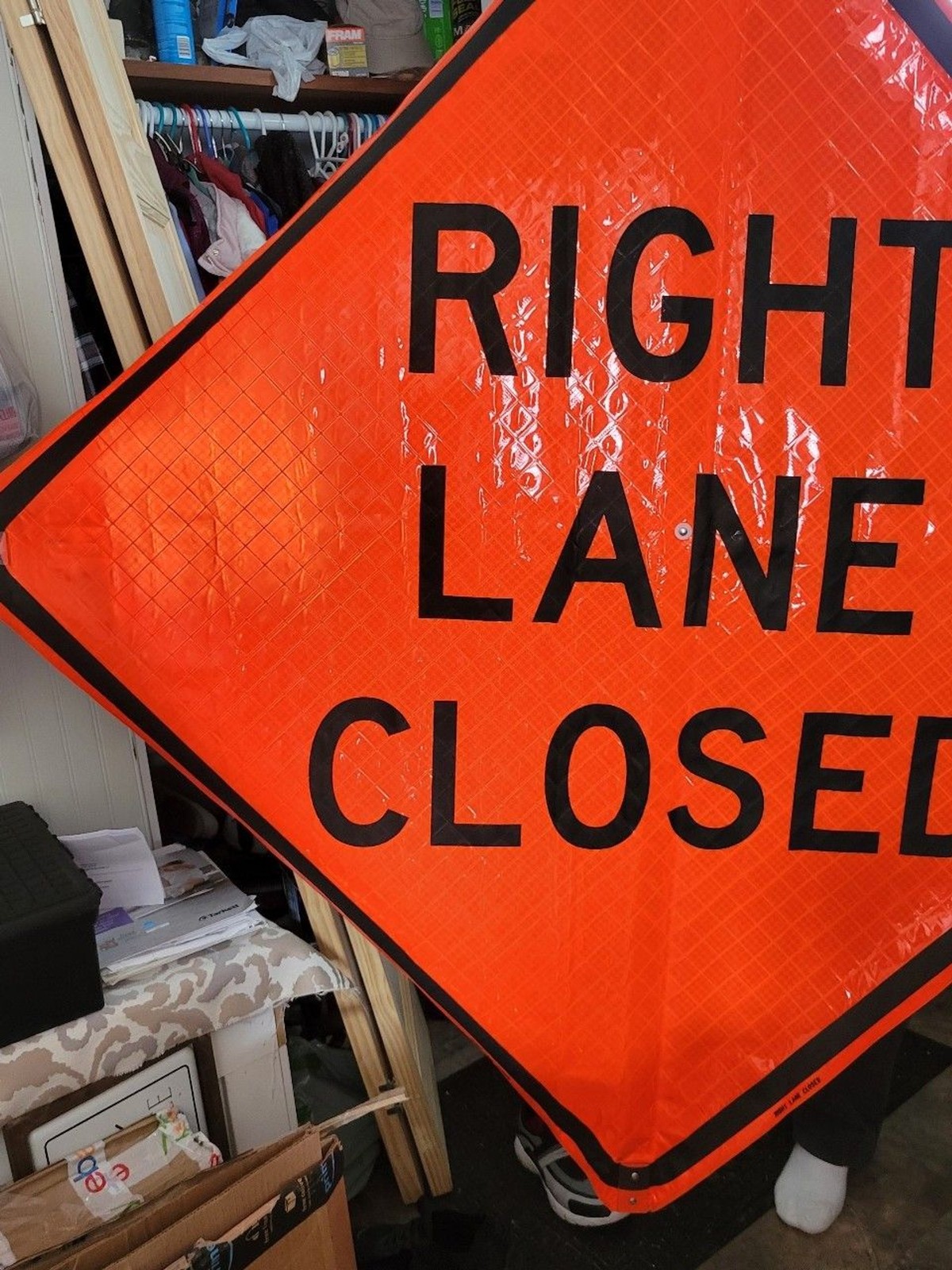 MAN CAVE MUST HAVE! Huge bright orange reflective sign. “RIGHT LANE CLOSED”