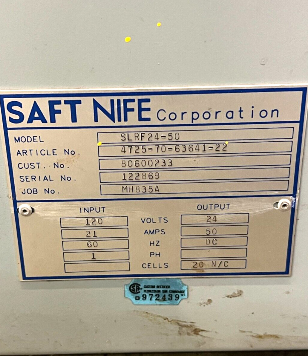 SAFT NIFE BATTERY CHARGER MANUAL MODEL SLRF24-50 OAL 24″ WIDTH 15-5/8″
