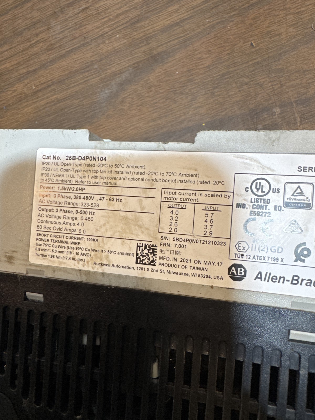 Allen-Bradley PowerFlex 525 25B-D4P0N104 VFD 1.5kW 480V 3-Ph INV=33320