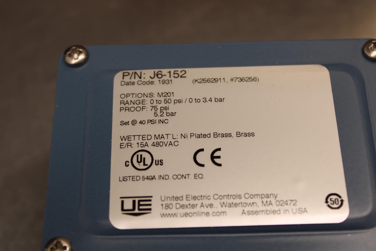 United Electric J6-152 M201 Pressure Switch