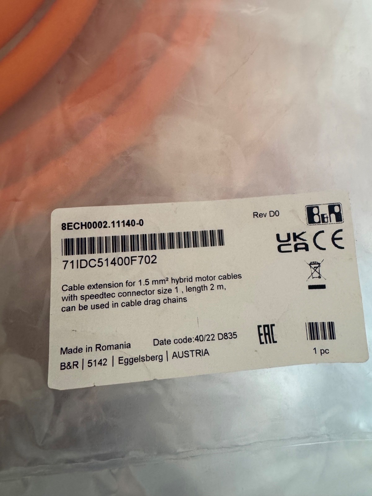 B&R 8ECH0002.11140‑0 Hybrid Motor Cable 2m ACOPOSmulti Servo -Free 2nd Day Air