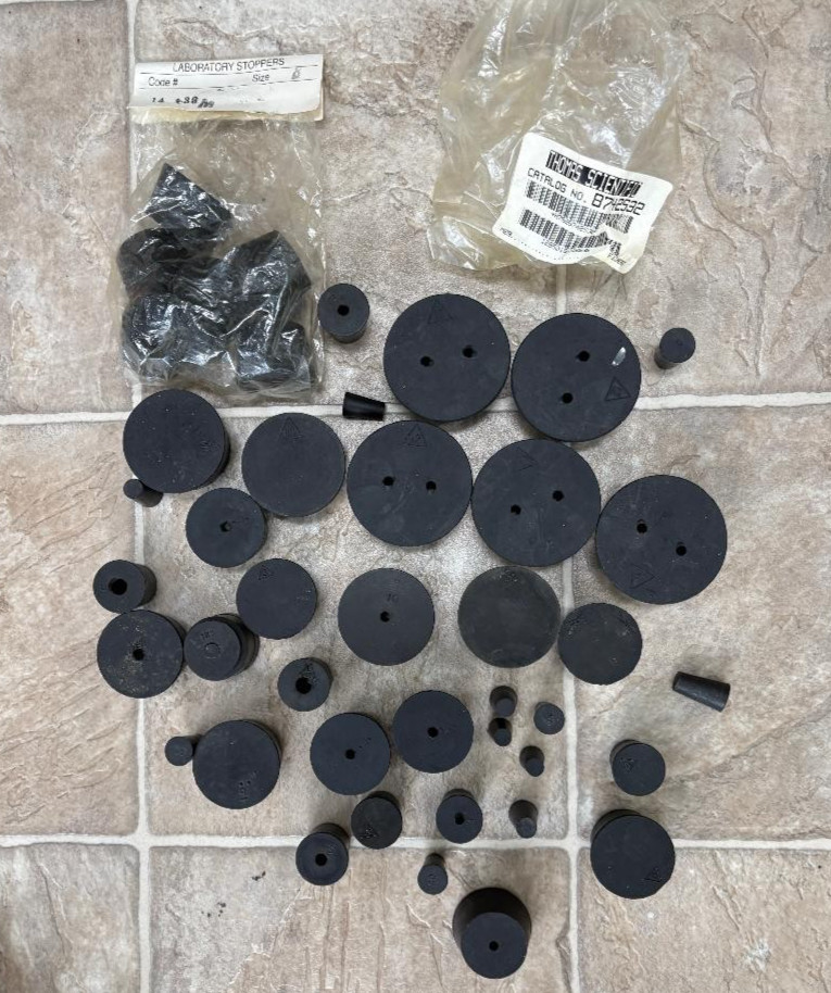 Over 40 Assorted Laboratory Stoppers Rubber Black Tapered Plugs, sizes 0-12