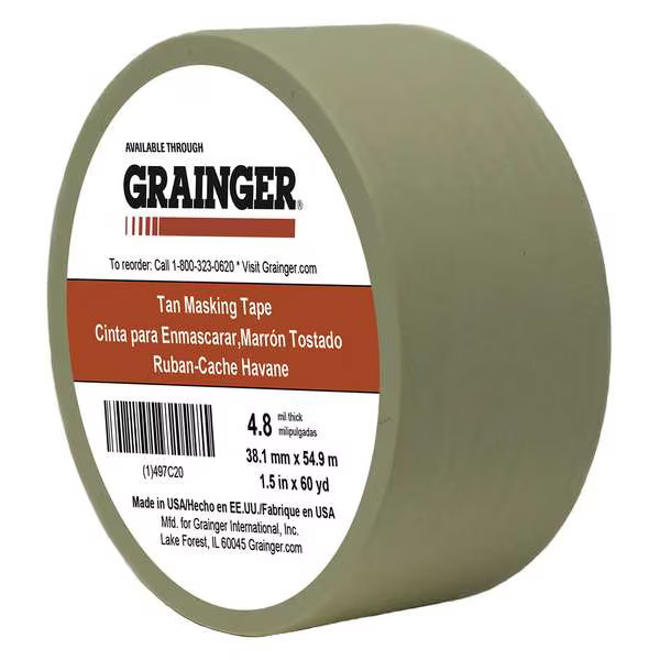 Masking Tape, 1 1/2 in W x 60 yd L, 4.8 mil Thick, Tan, Rubber Adhesive Pack of