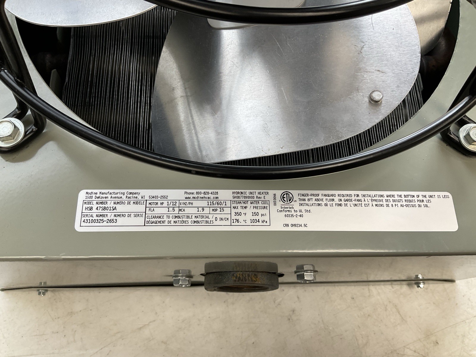 Modine HSB47SB01SA Hot Water (Hydronic) Unit Heater MINOR DENTS PLEASE SEE
