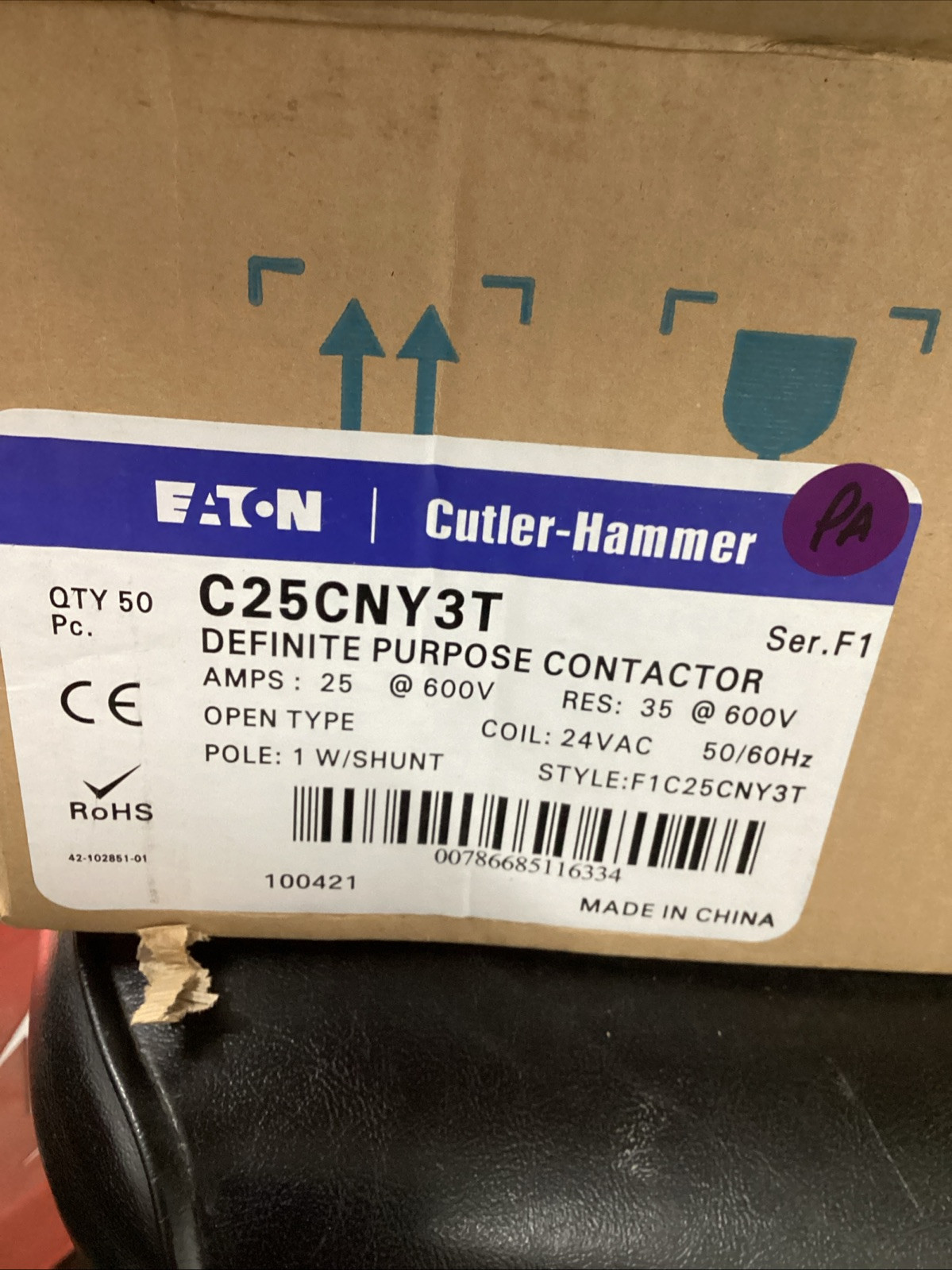 EATON CUTLER HAMMER C25CNY3T CONTACTOR 1P W/SHUNT 24VAC COIL 🟣