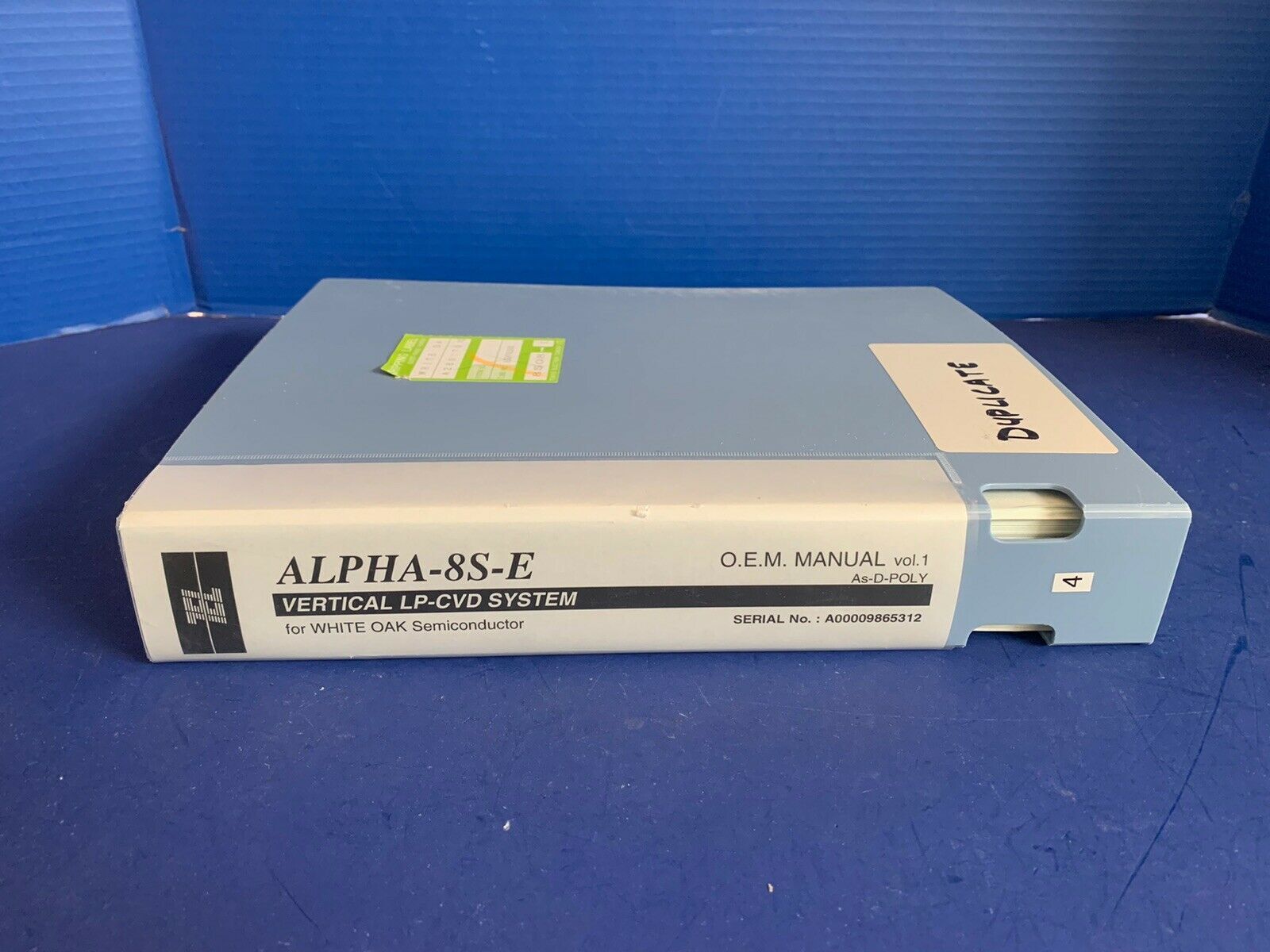 Tokyo Electron ALPHA-8S-E Vertical LP-CVD As-D-POLY O.E.M. Manual Volume 1, Used