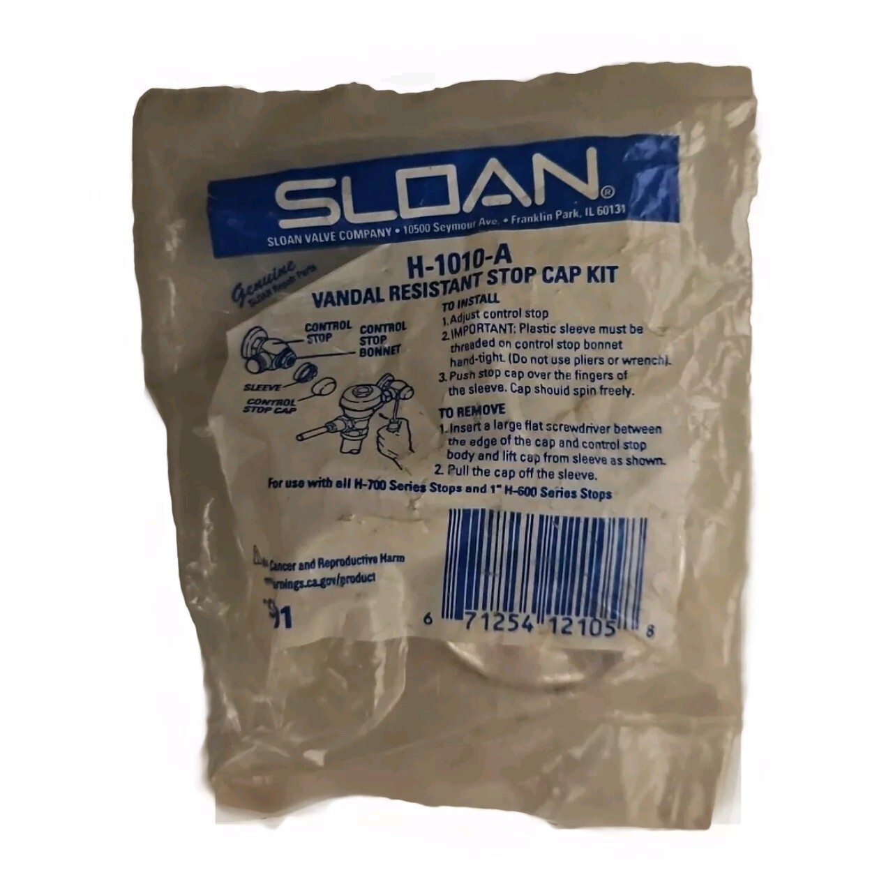 SLOAN VALVE CO H-1010-A / H1010A Vandal-Resistant Stop Cap Kip *FREE SHIPPING*