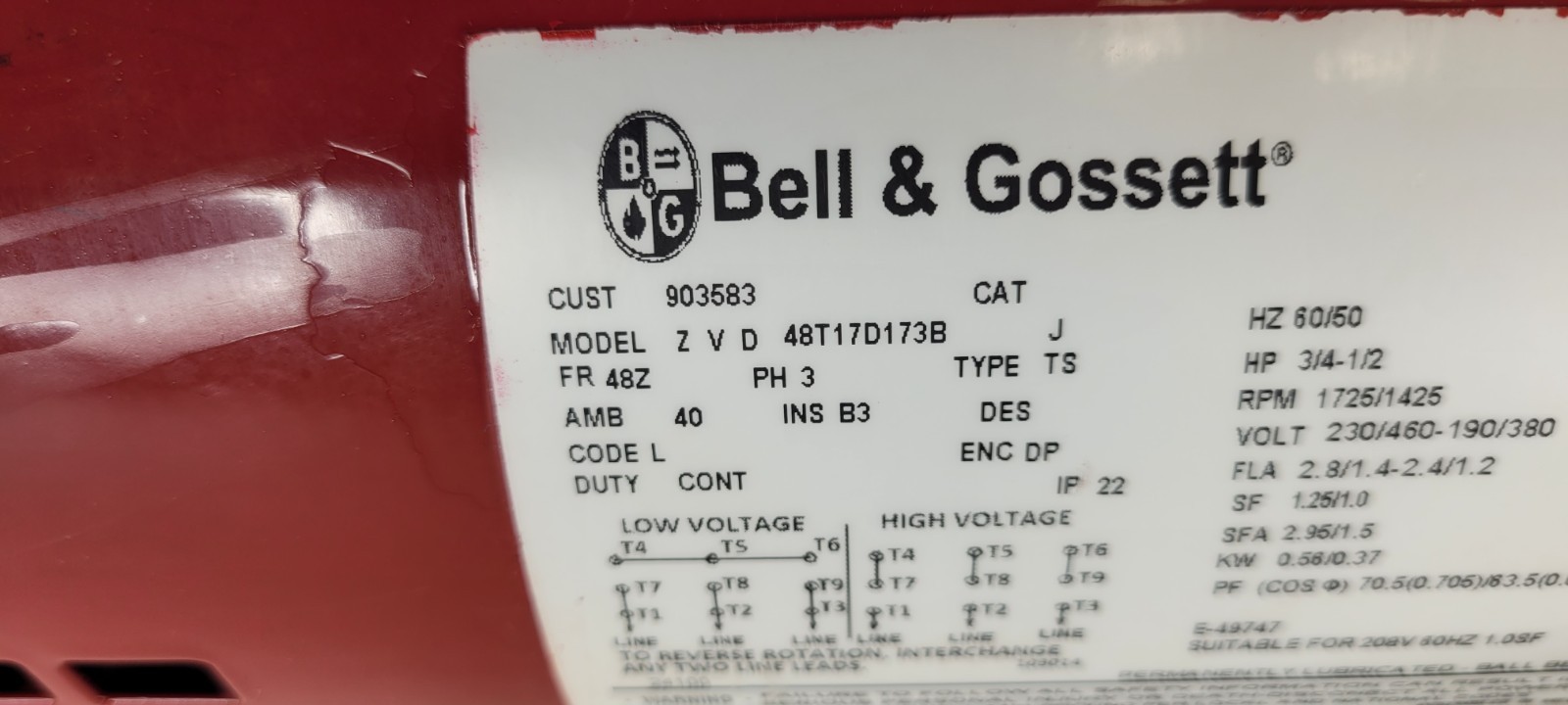 BELL & GOSSETT E60-1.5X5.75 IN-LINE MOUNTED CENTRIFUGAL PUMP 3/4HP 48T17D173B