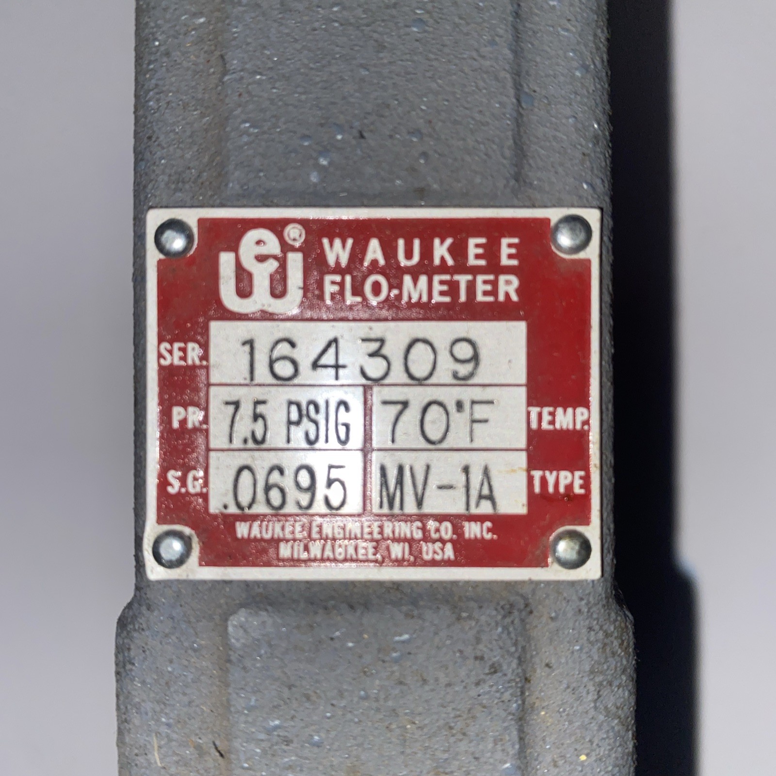 Waukee MV-1A Flo-Meter Gas Flow Meter 70°F SG 0.0695 PR. 7.5 PSIG Be 3/4″ NPT