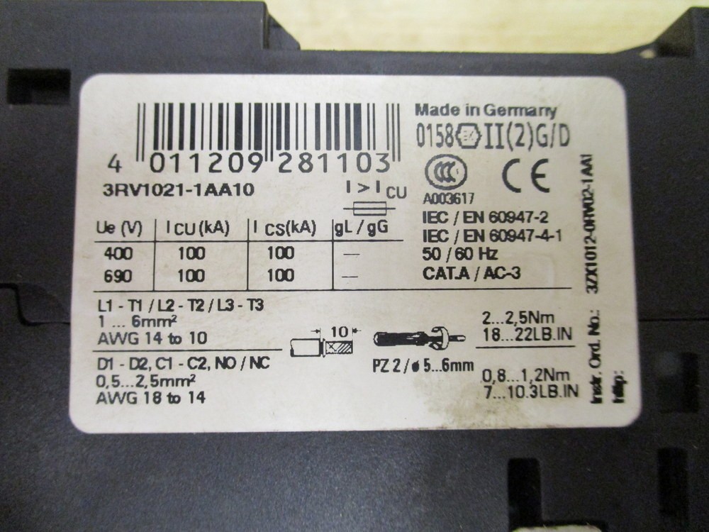 Siemens 3RV1-021-1AA10 Relay 3RV10211AA10 G/051128 E05