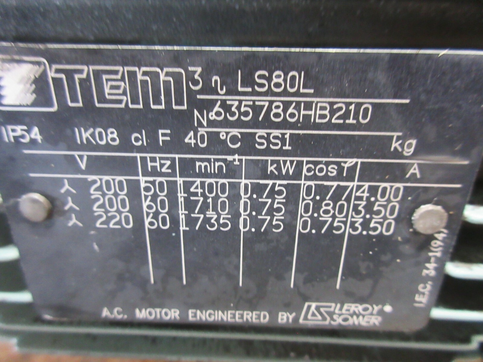 *SPECIAL PRICE* LEROY SOMER MOTOR 3 LS80L IK08 IP54 EMERWORM CSM075N20HTB