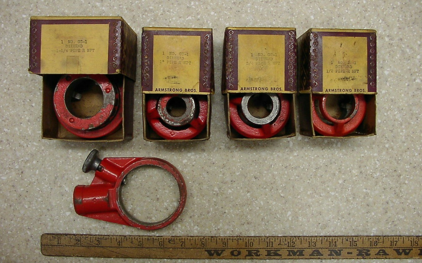 Vntg Ratcheting Die Stock Head,W/1-1/4″,1″,3/4″,& 1/2″ Armstrong Dies/Orig Boxes