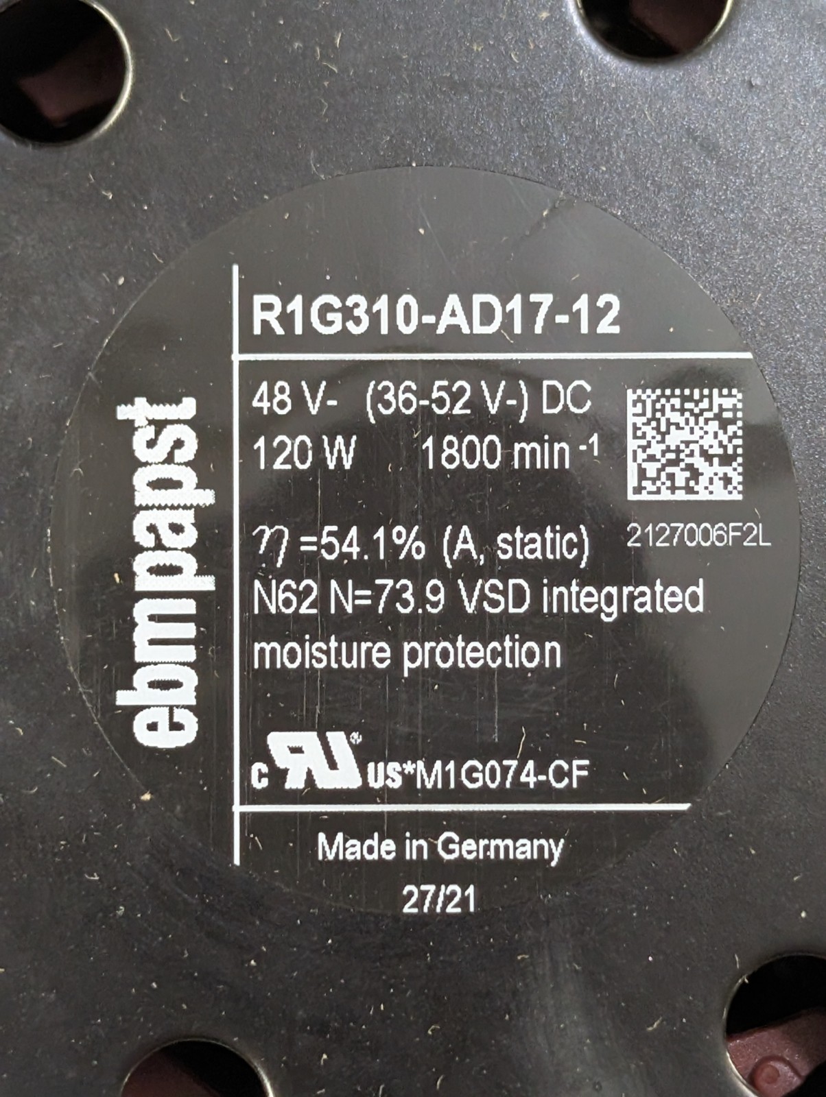 ebm-papst R1G310-AD17-12 EC Centrifugal Motorized Impeller 48VDC 120W 1800RPM