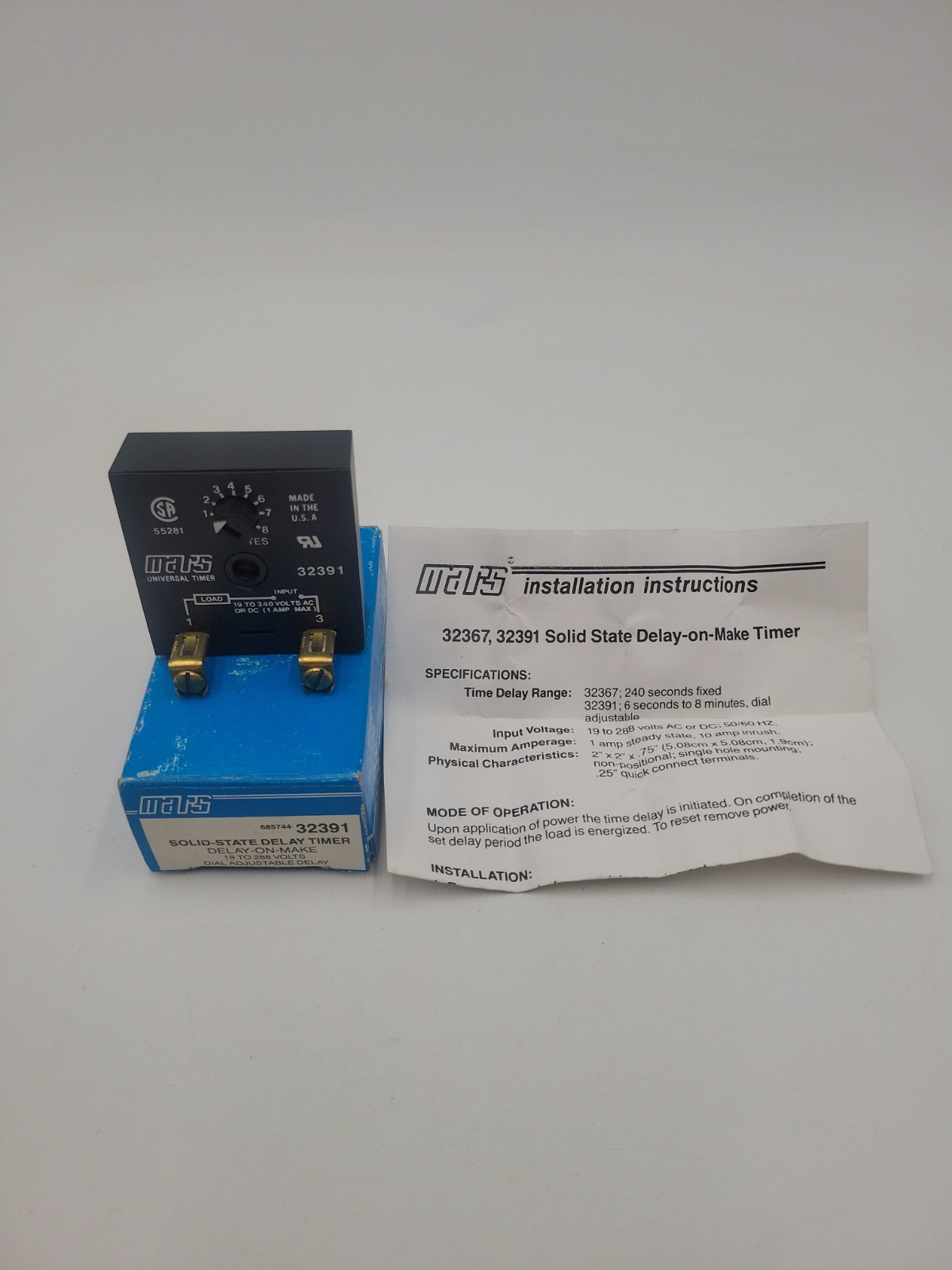 Mars 32391 Solid State Time Delays Universal Timer 6 sec to 8 min NOS